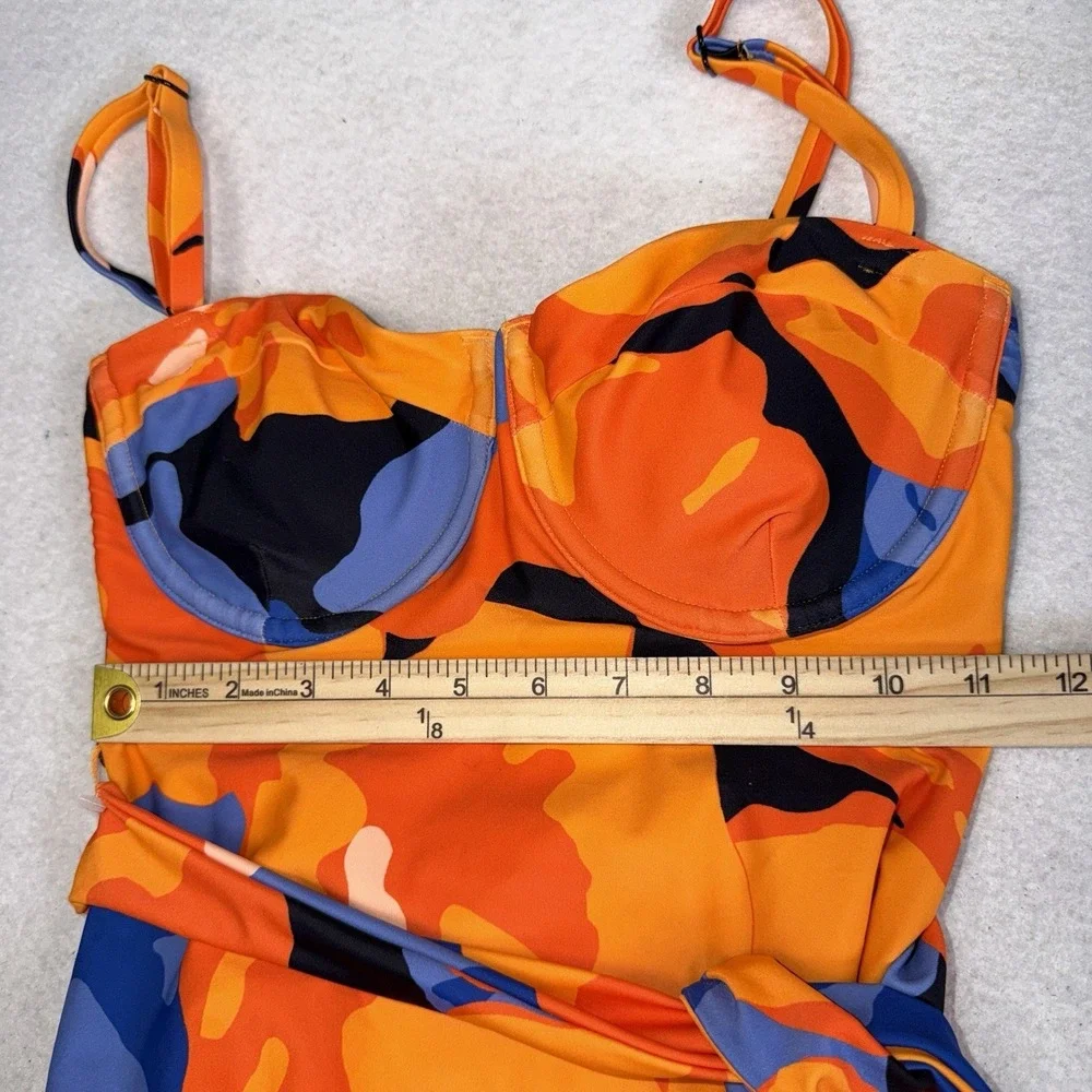 Tabitha Brown Target One Piece Swimsuit Size‎ S Orange Blue Belted Tie Print
